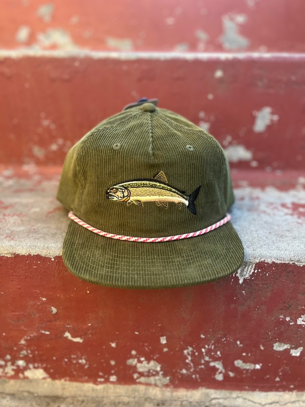 🐟 Olive Green Fish Embroidered Corduroy Hat Grandpa Hat Rope Cord NWT
